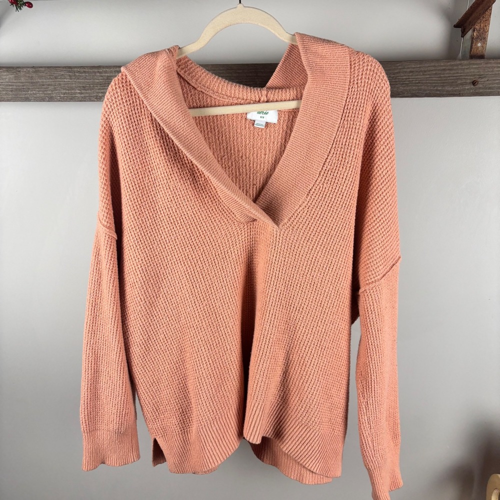 Aerie Waffle Knit Hoodie Pullover Peach Oversized V Neck Sweater - Picture 2 of 12